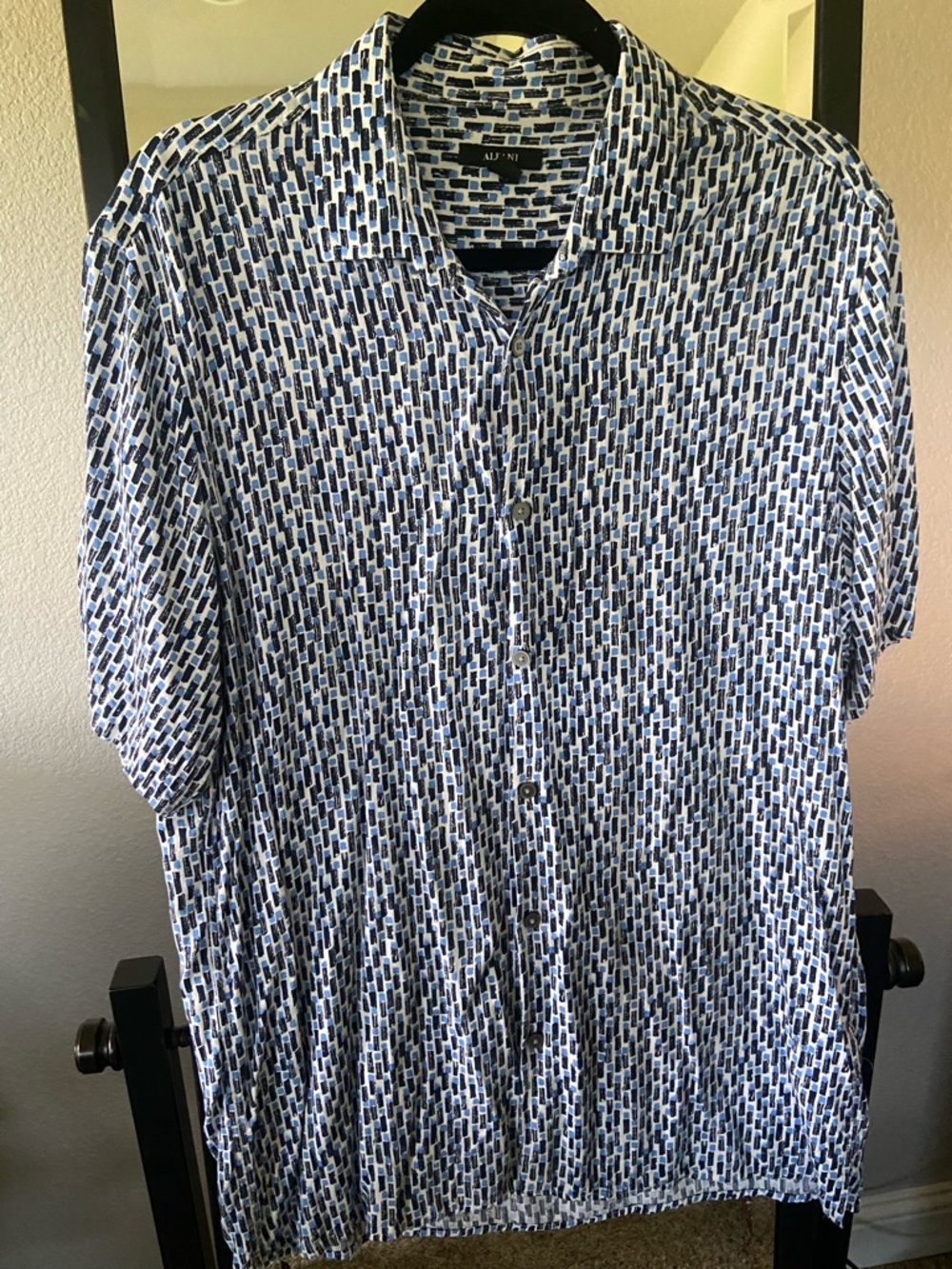 Alfani Blue & White Geometric Short Sleeve Men’s Shirt